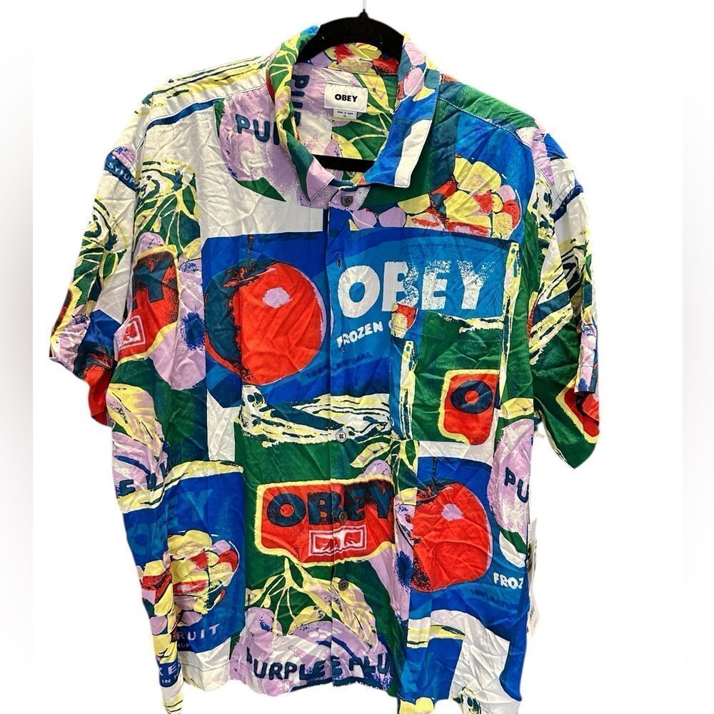 NWT OBEY Men's Multicolor Graphic Short Sleeve Button Down Shirt - Size XL - Picture 7 of 10